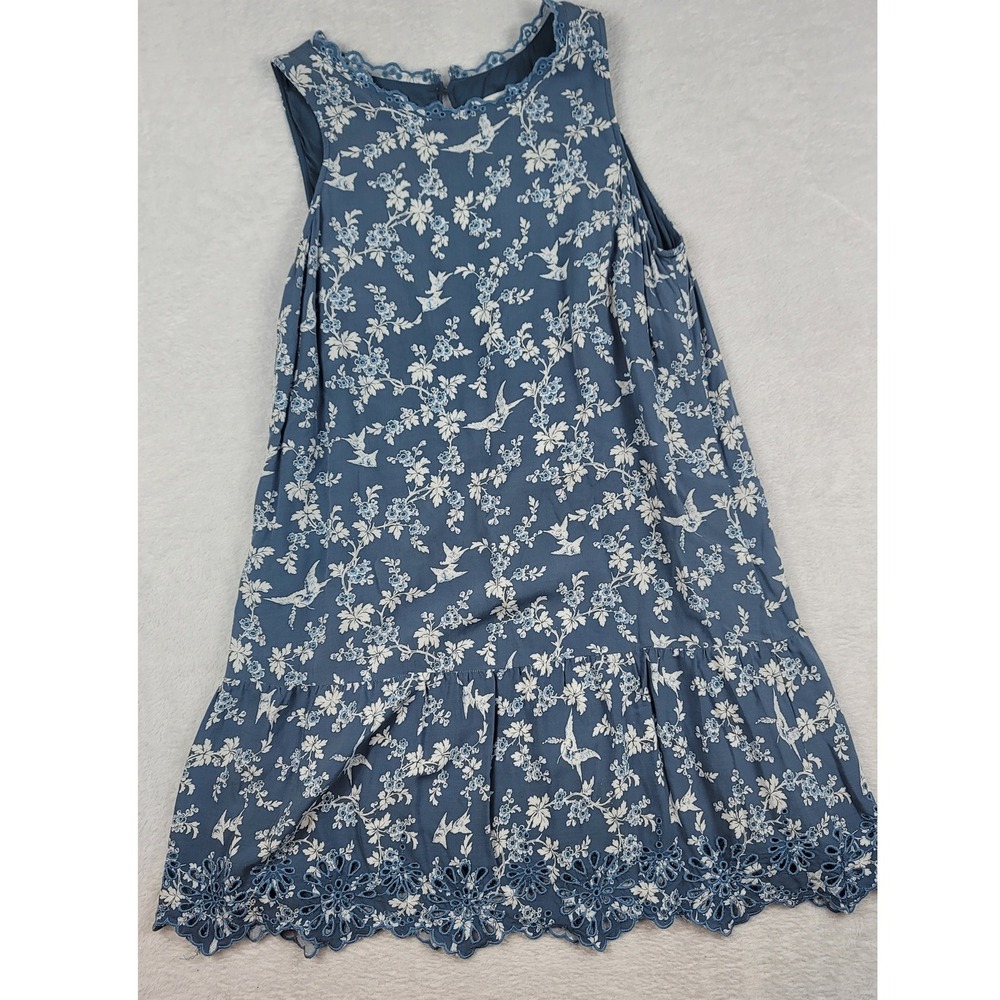 LOFT Petites Blue Floral Bird Print Eyelet Hem Sleeveless Shift Dress MP